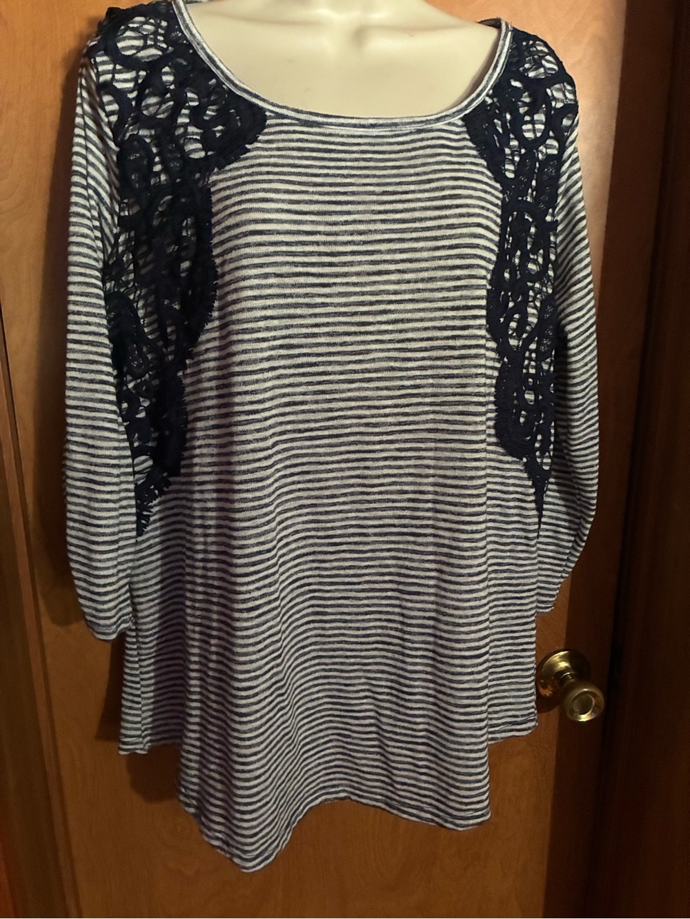 Striped Navy and White Lace-Accent Women's Top